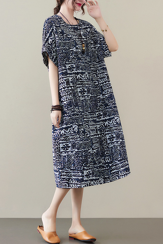 - New Cotton Linen Short Sleeve Dress Printed Long Dress