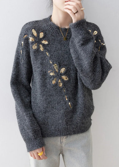 Fitted Grey O Neck Sequins Loose Knit Sweaters Spring