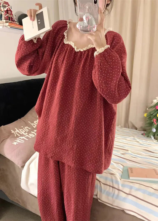 Red Dot Lace Patchwork Cotton Pajamas Two Pieces Set Fall