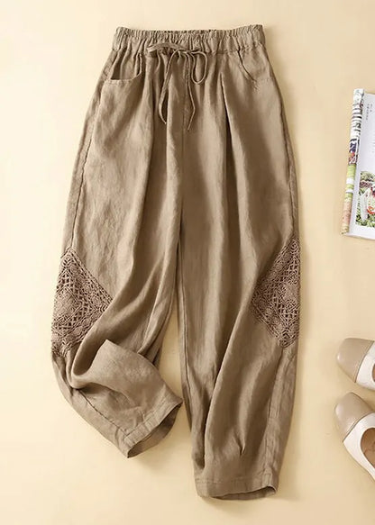 Green Hollow Out Patchwork Cotton Crop Pants Summer
