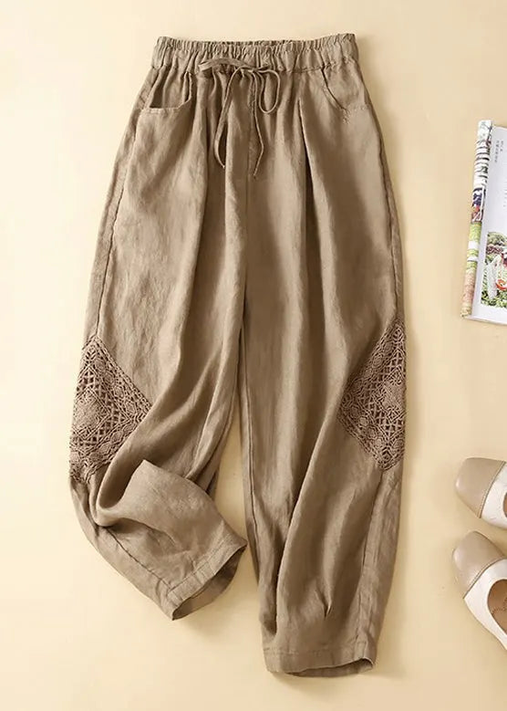 Green Hollow Out Patchwork Cotton Crop Pants Summer