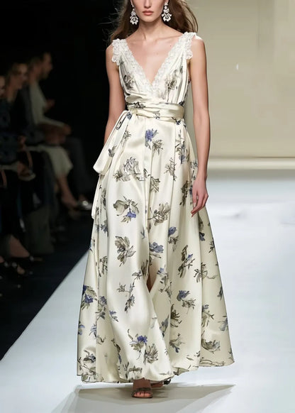 Champagne Print Exra Large Hem Silk Party Dress Summer