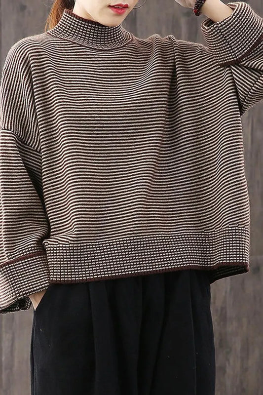 Loose High Collar Striped Sweater, Top,stylish Warm Sweater,wide Sleeve Sweater