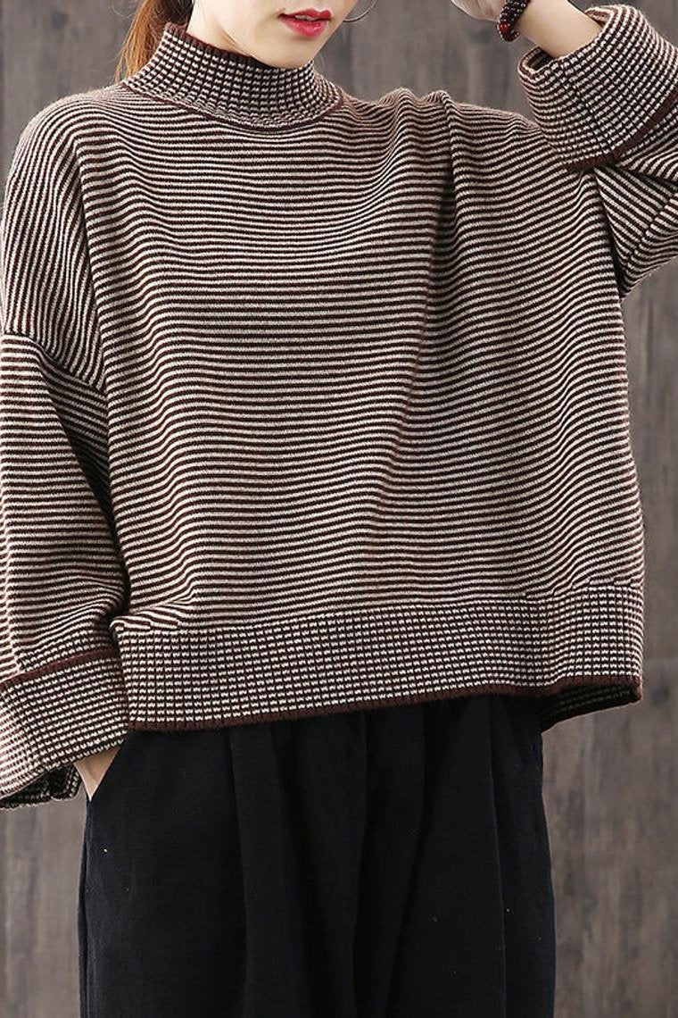 Loose High Collar Striped Sweater, Top,stylish Warm Sweater,wide Sleeve Sweater
