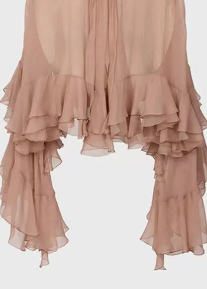 Stand Collar Ruffled Patchwork Chiffon Shirt Long Sleeve