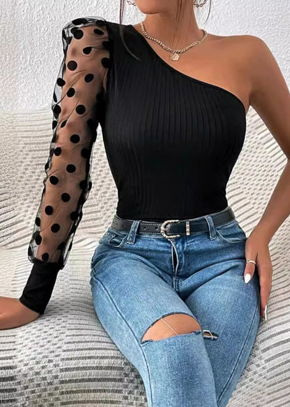 Black Shoulder Single Sleeved Patchwork Top