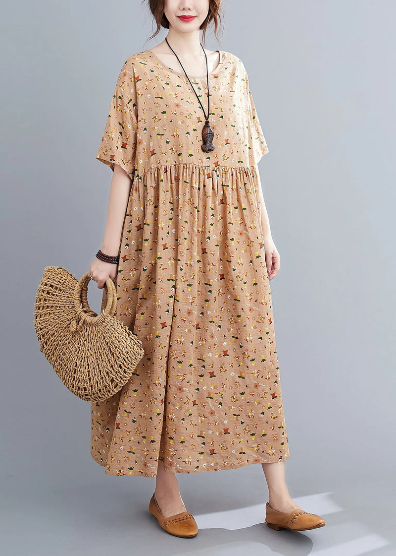 French Pink Orange O-neck Wrinkled Print Cotton Loose Dresses Short Sleeve