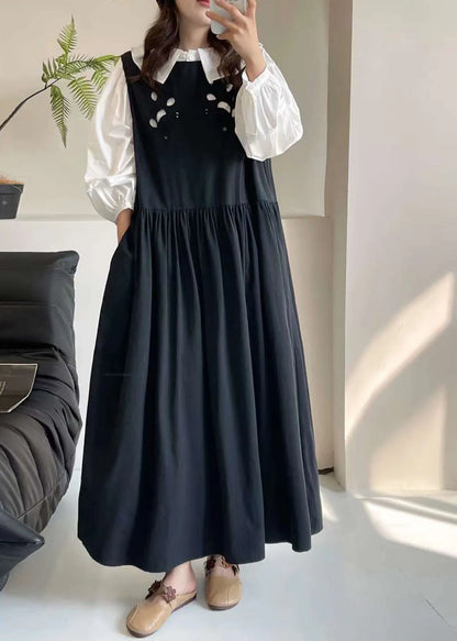 Black O-neck Patchwork Wrinkled Maxi Dress Summer