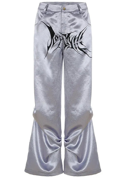 Grey Print Wrinkled Draping Silk Pants Spring