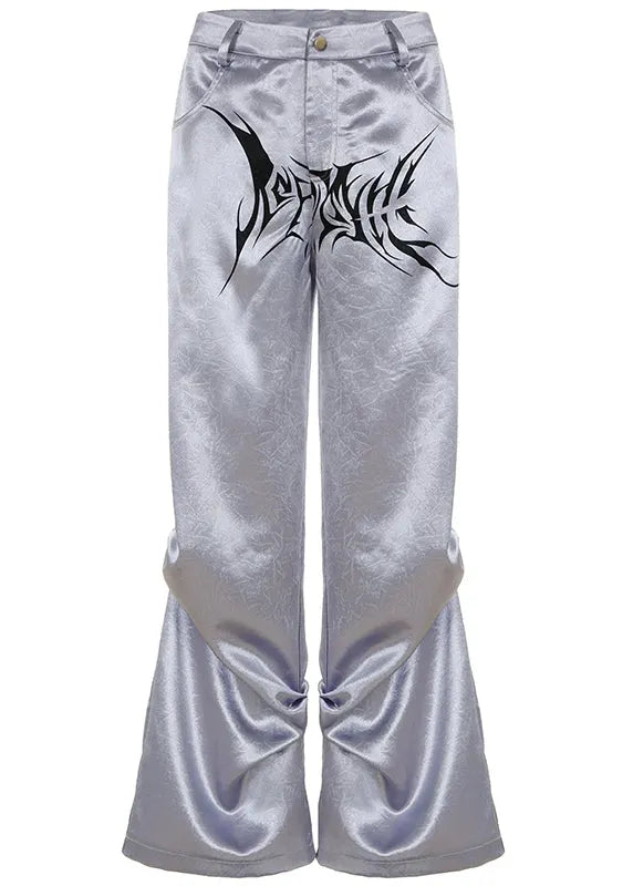 Grey Print Wrinkled Draping Silk Pants Spring