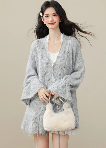 Grey Fuzzy Ball Decorated Drawstring Knit Cardigan Spring