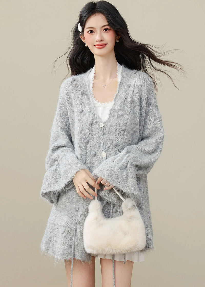 Grey Fuzzy Ball Decorated Drawstring Knit Cardigan Spring