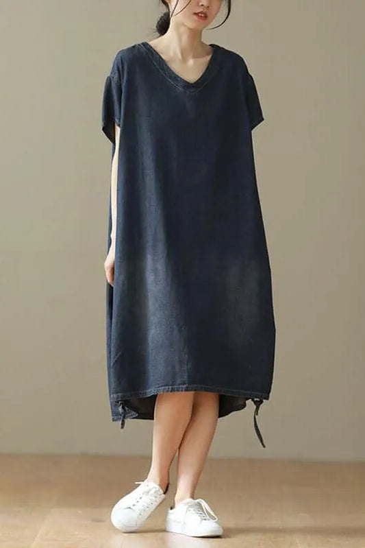 V-neck Lace-up Midi Short Sleeve Dress