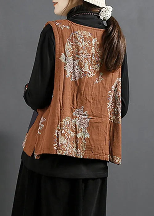 Orange O Neck Print Pockets Thick Waistcoat Sleeveless