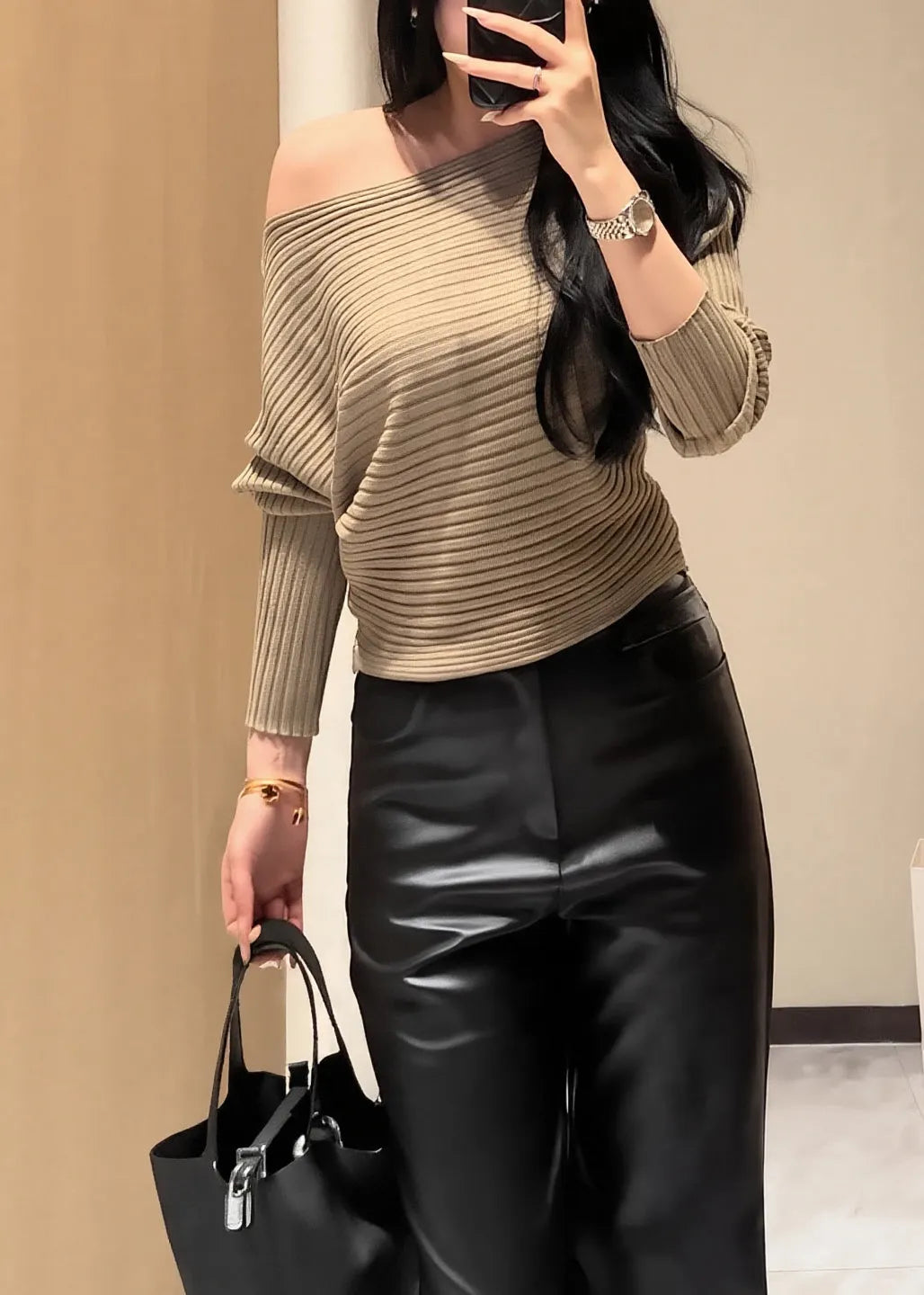 Khaki Cold Shoulder Striped Knit Short Sweater Fall
