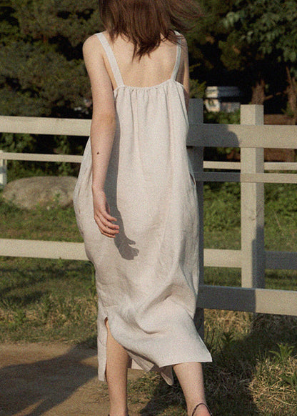 French White Backless Linen Spaghetti Strap Dresses Sleeveless