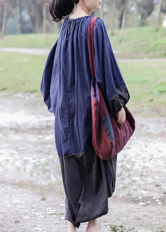 Gradient Color Colorblock O-neck Patchwork Long Dresses Spring