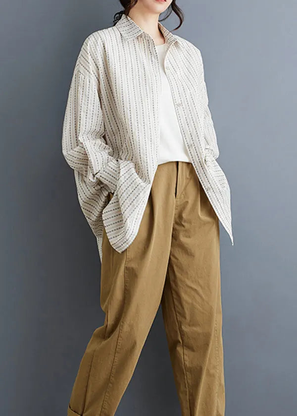 White Peter Pan Collar Striped Loose Cotton Shirt Spring