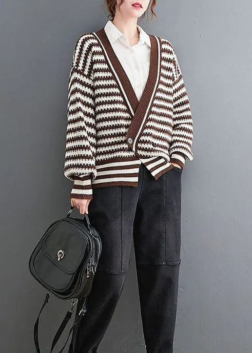 Chocolate V Neck Striped Cozy Knit Coat Outwear Spring