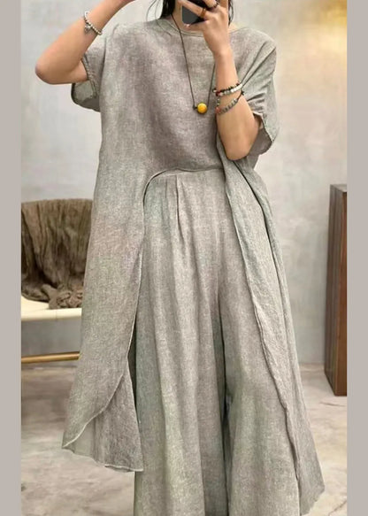 Art Grey Asymmetrical Patchwork Cotton Top Short Sleeve