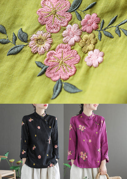 Black Stand Collar Embroidered Linen Shirt Long Sleeve