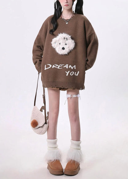 Brown Oversized Dog Knit Sweaters Spring