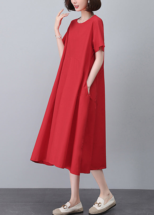 Red Pockets Cotton Dress O Neck Short Sleeve