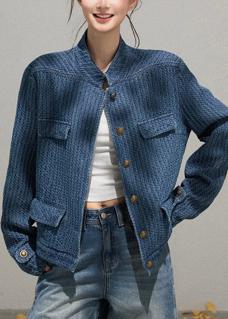 Organic Denim Blue Stand Collar Oversized Jackets Fall