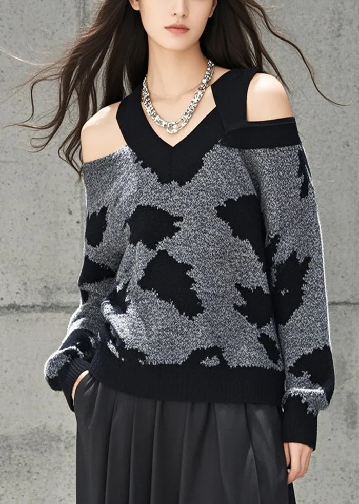 Grey Cold Shoulder Jacquard Knitted Tops Fall