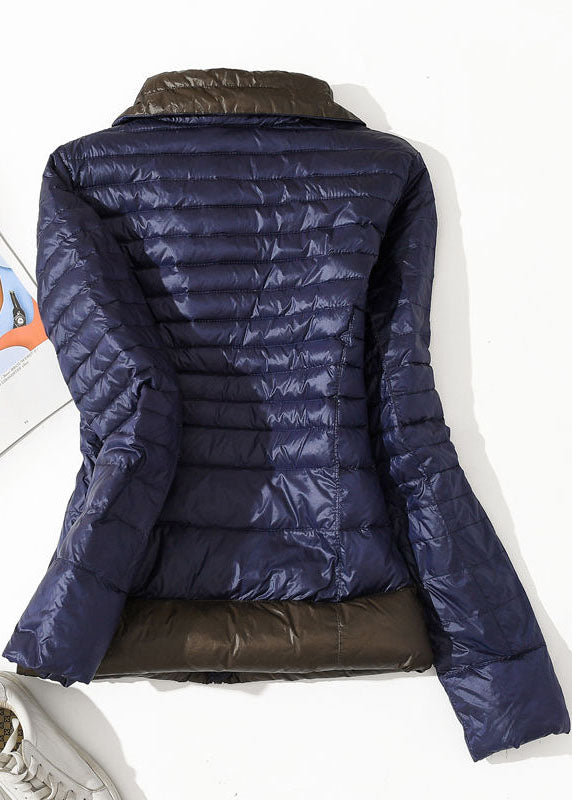 Italian Navy Stand Collar Zip Up Pockets Patchwork Duck Down Jacket in Winter