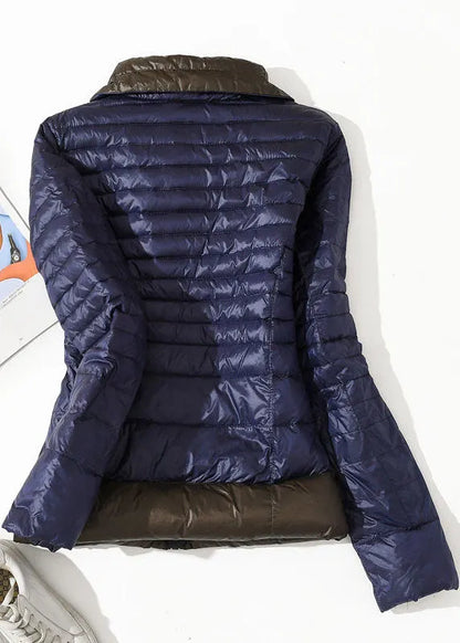 Italian Navy Stand Collar Zip Up Pockets Patchwork Duck Down Jacket in Winter
