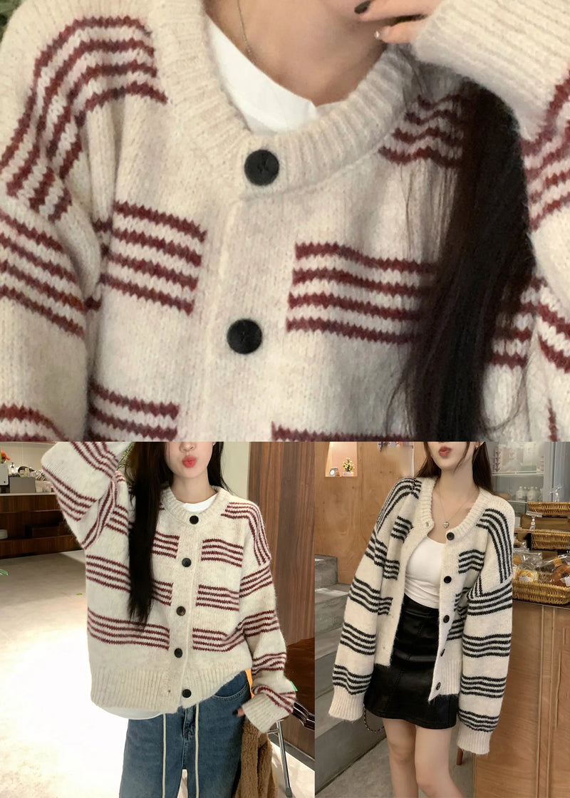 Natural Red Striped O-neck Cotton Knit Cardigan Long Sleeve