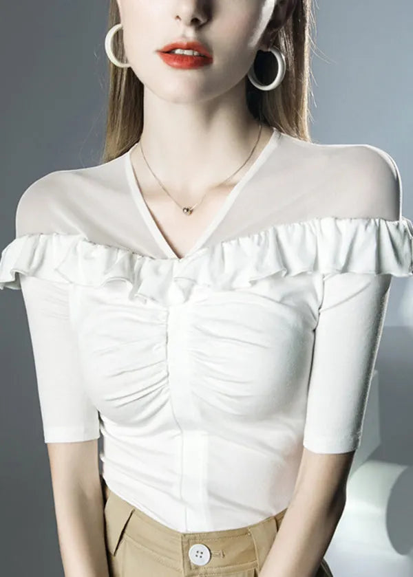 Italian White V Neck Ruffled Patchwork Tulle Top Summer