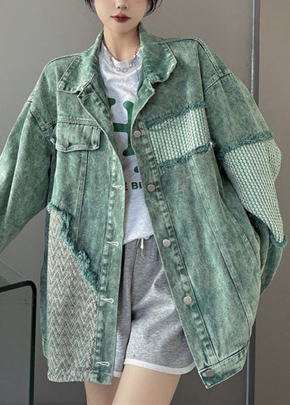 Green Peter Pan Collar Patchwork Denim Jacket Fall