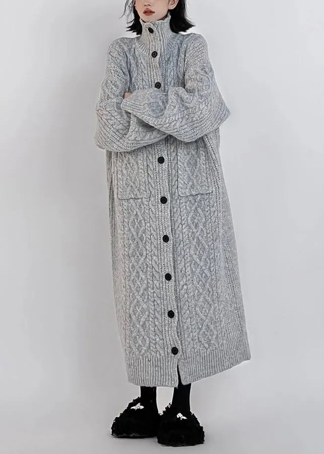 Grey Hign Neck Button Long Knit Cardigan Winter
