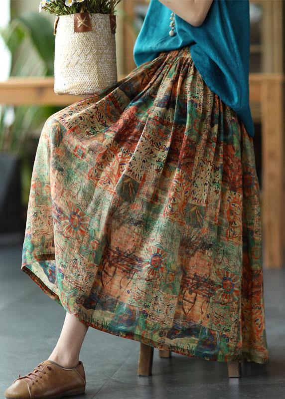 Orange Red Print Ramie Elastic Waist Skirt
