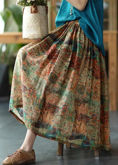 Yellow Print Ramie Elastic Waist Skirt