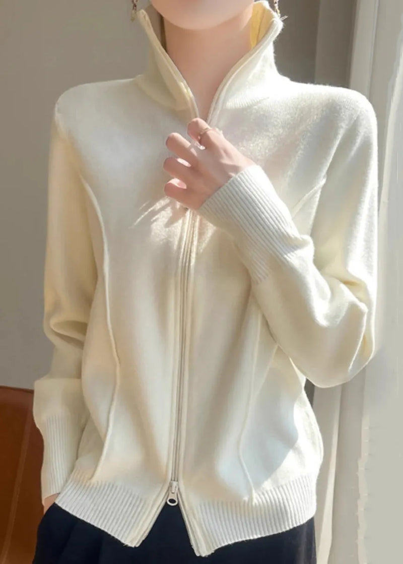 Slim Fit White Stand Collar Zip Up Knit Coats Fall