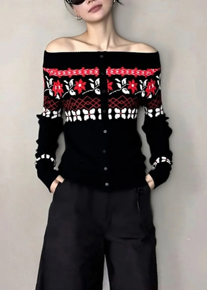 Black Cold Shoulder Jacquard Knit Tops Winter