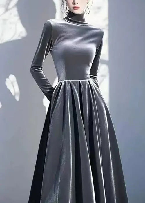 Slim Fit Navy Turtleneck High Waist Silk Velvet Dresses Spring