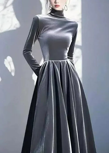 Slim Fit Navy Turtleneck High Waist Silk Velvet Dresses Spring