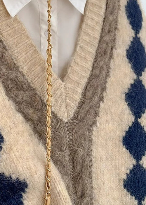 Art Khaki V Neck Plaid Cozy Knit Vest Sleeveless