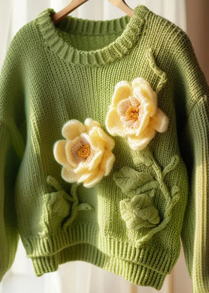 Green O Neck Hollow Out Knit Sweater Fall