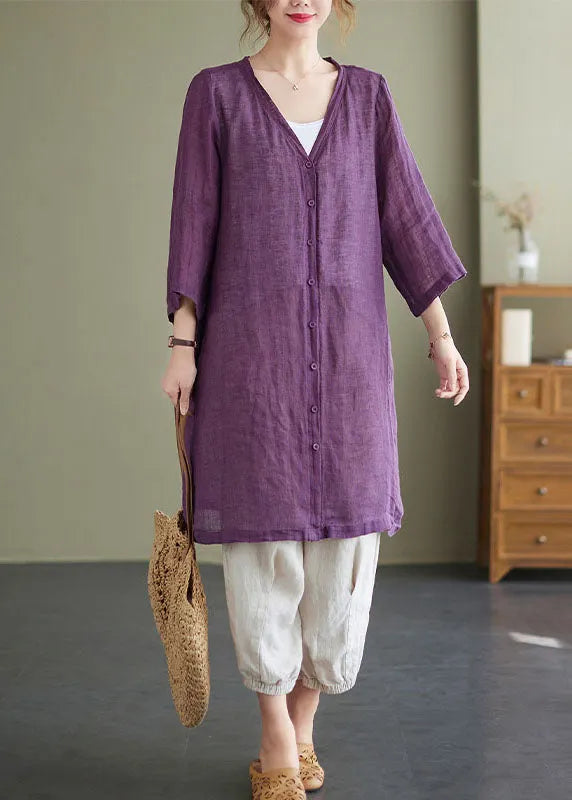 Purple V Neck Oversized Linen Long Cardigan Bracelet Sleeve
