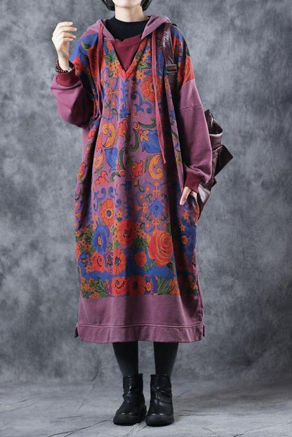 Loose Hoodie Print Long Fleece Dresses for