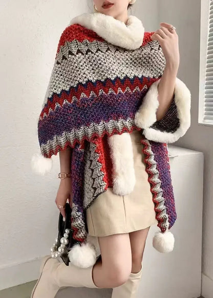 Pink Fur Collar Patchwork Warm Fleece Cape Coats Spring