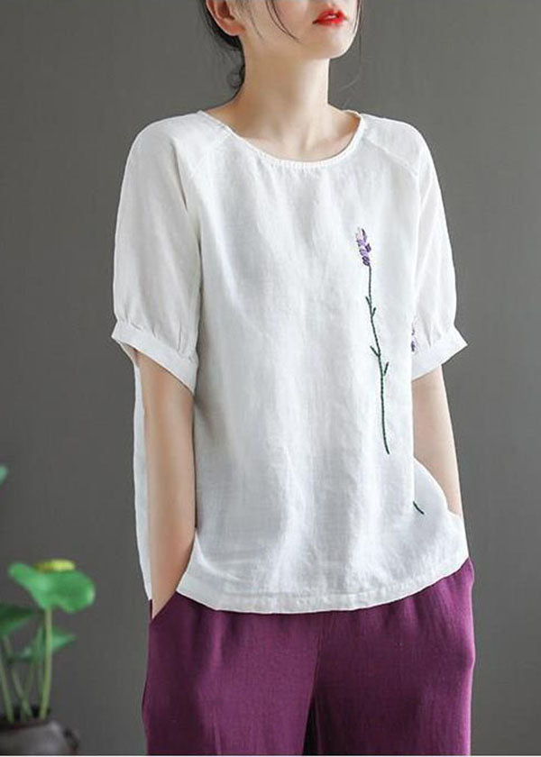 Organic White O-neck Embroidered Linen Tank Tops Short Sleeve
