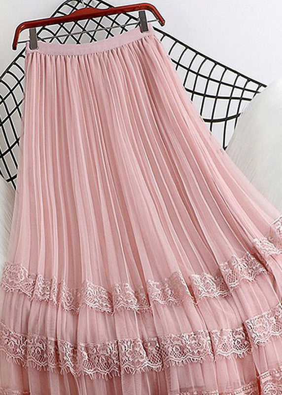 Pink Tulle a Line Skirt Summer Lace Patchwork