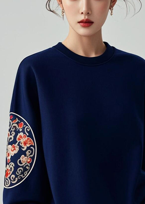Navy O Neck Print Cotton Pullover Sweatshirts Fall