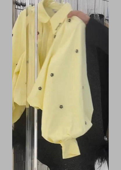 Loose Yellow Peter Pan Collar Cotton Shirt Puff Sleeve